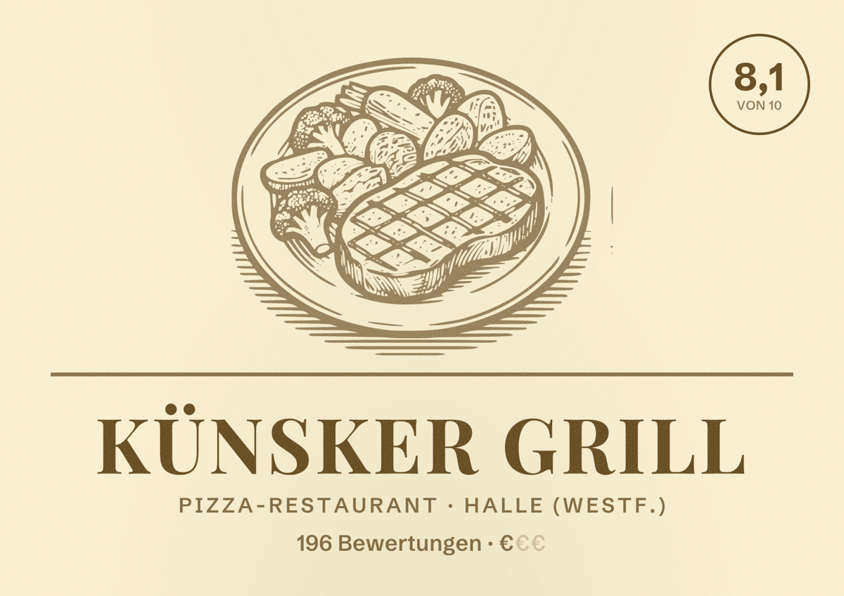 Illustriertes Poster von Künsker Grill, Pizza-Restaurant in Halle (Westf.): Bewertung 8,1 von 10 aus 196 Bewertungen, Preisniveau €