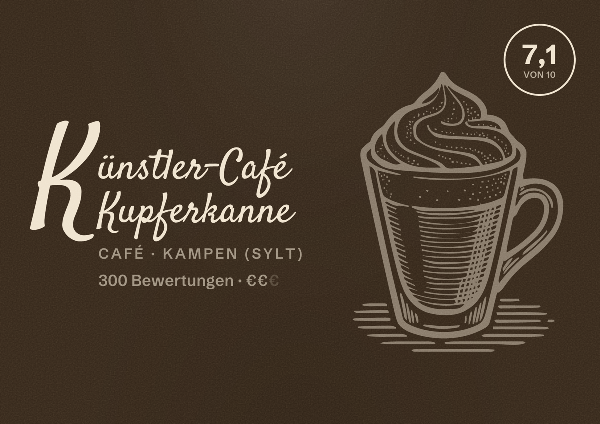 Illustriertes Poster von Künstler-Café Kupferkanne, Café in Kampen (Sylt): Bewertung 7,1 von 10 aus 300 Bewertungen, Preisniveau €€