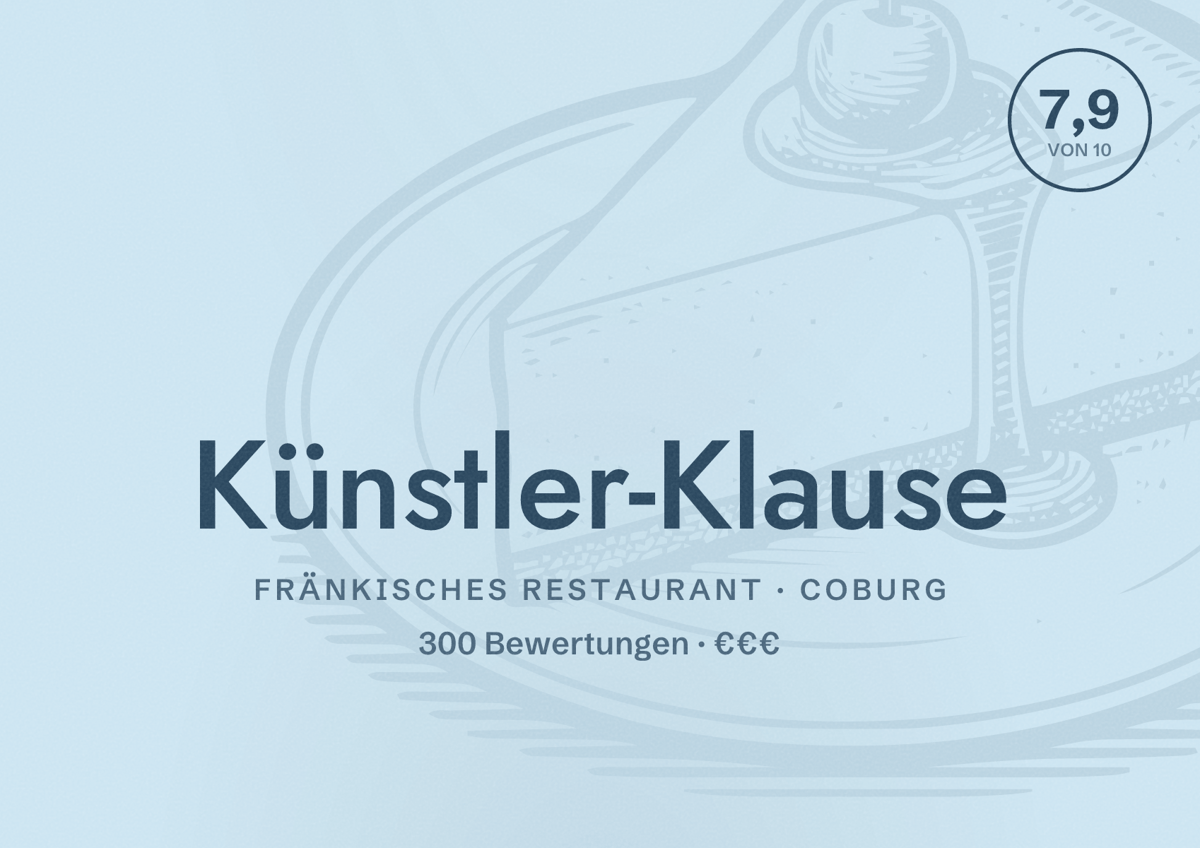 Illustriertes Poster von Künstler-Klause, Fränkisches Restaurant in Coburg: Bewertung 7,9 von 10 aus 300 Bewertungen, Preisniveau €€€