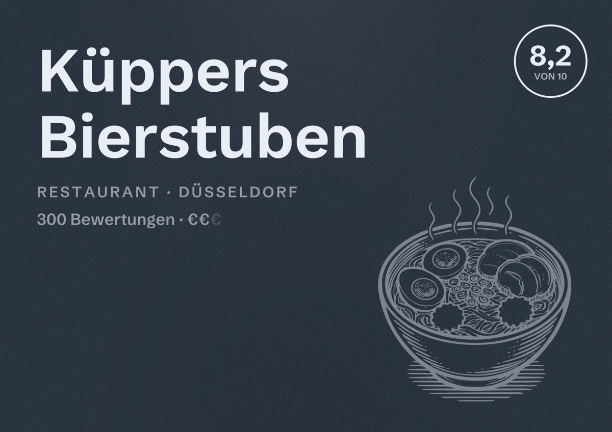 Illustriertes Poster von Küppers Bierstuben, Restaurant in Düsseldorf: Bewertung 8,2 von 10 aus 300 Bewertungen, Preisniveau €€