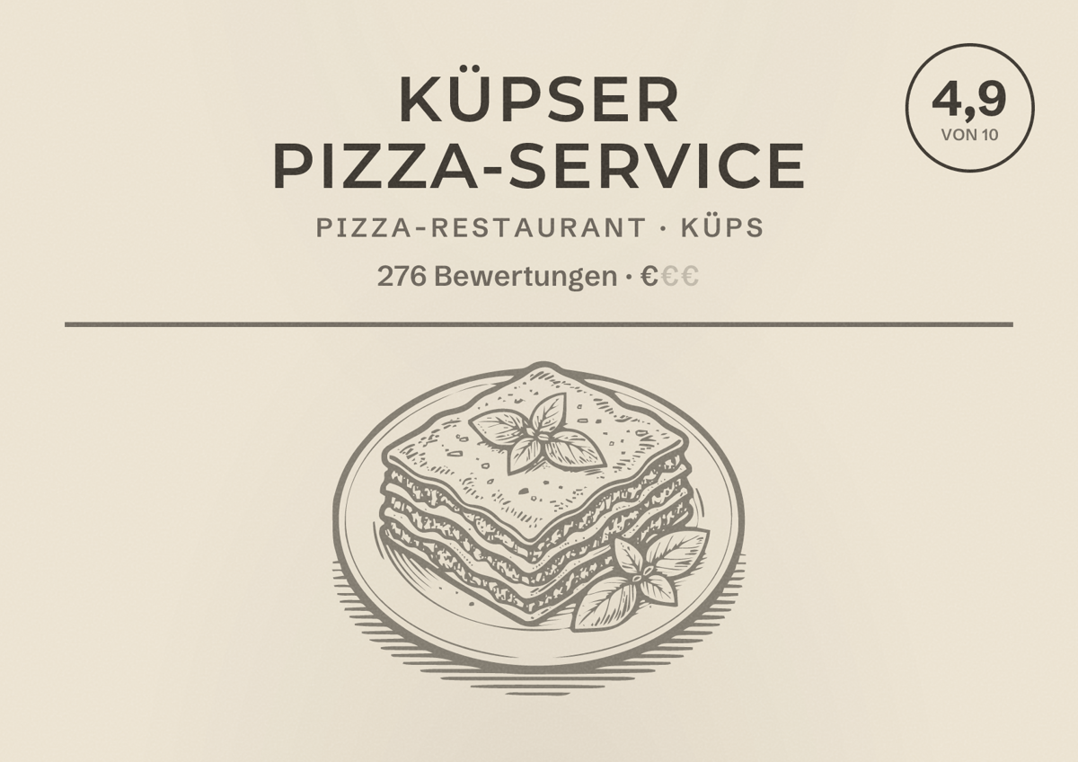 Illustriertes Poster von Küpser Pizza-Service, Pizza-Restaurant in Küps: Bewertung 4,9 von 10 aus 276 Bewertungen, Preisniveau €
