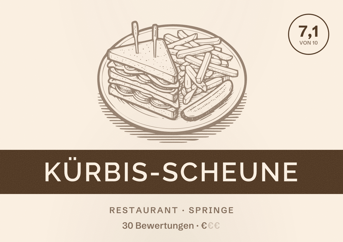 Illustriertes Poster von Kürbis-Scheune, Restaurant in Springe: Bewertung 7,1 von 10 aus 30 Bewertungen, Preisniveau €