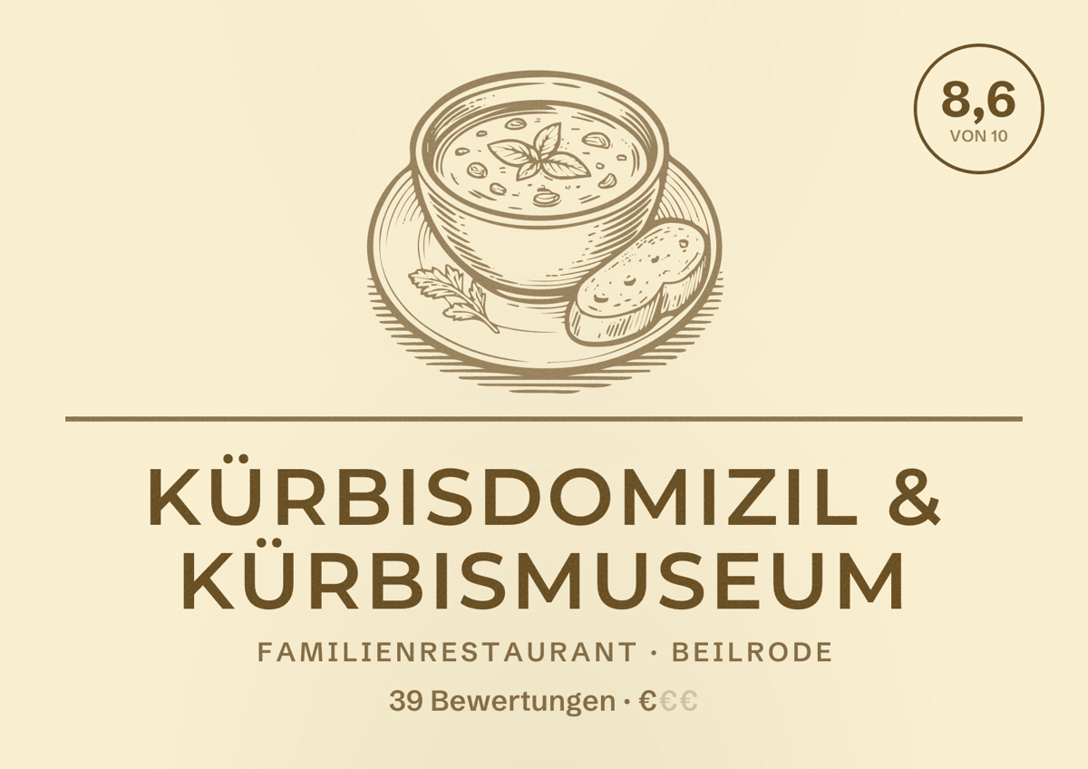 Illustriertes Poster von Kürbisdomizil & Kürbismuseum, Familienrestaurant in Beilrode: Bewertung 8,6 von 10 aus 39 Bewertungen, Preisniveau €