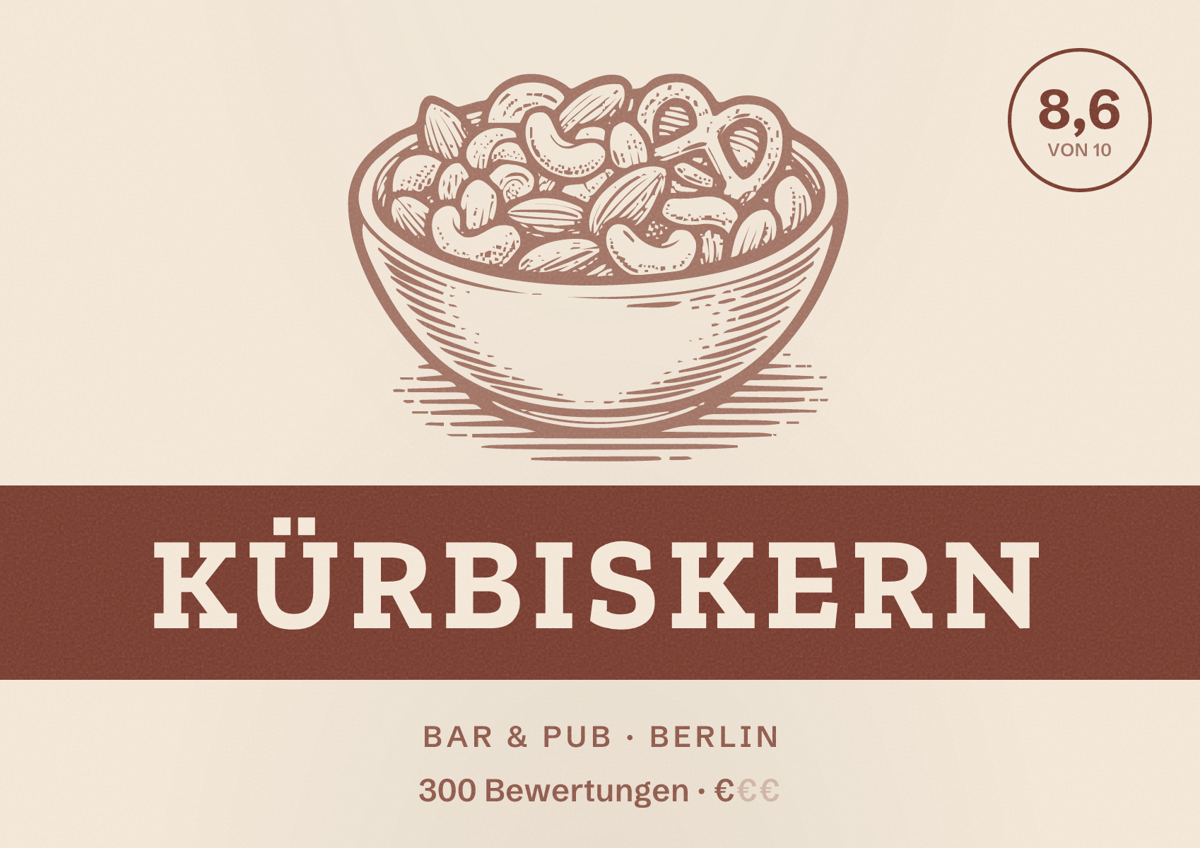 Illustriertes Poster von Kürbiskern, Bar & Pub in Berlin: Bewertung 8,6 von 10 aus 300 Bewertungen, Preisniveau €