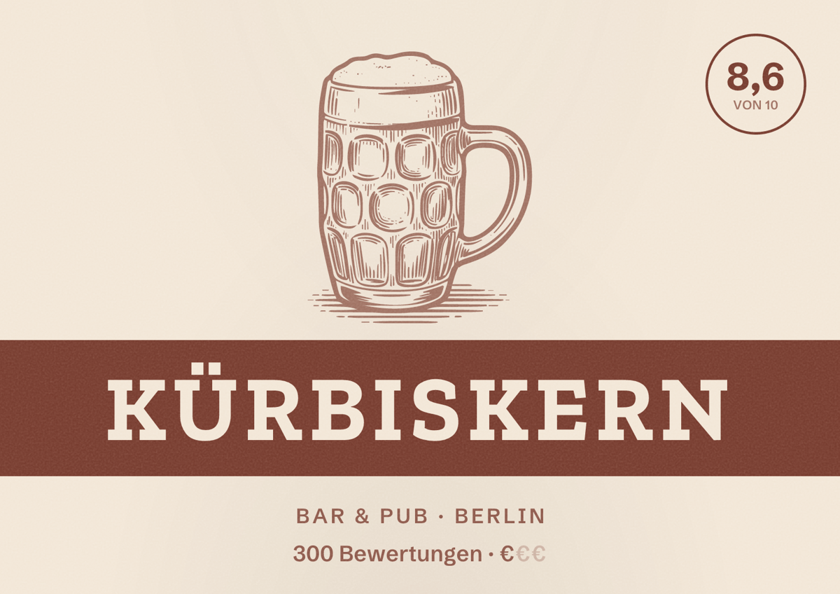 Illustriertes Poster von Kürbiskern, Bar & Pub in Berlin: Bewertung 8,6 von 10 aus 300 Bewertungen, Preisniveau €