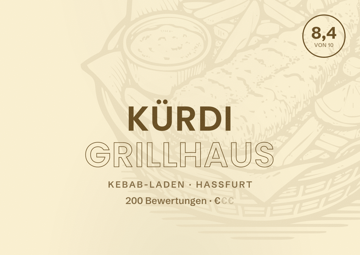 Illustriertes Poster von Kürdi Grillhaus, Kebab-Laden in Haßfurt: Bewertung 8,4 von 10 aus 200 Bewertungen, Preisniveau €