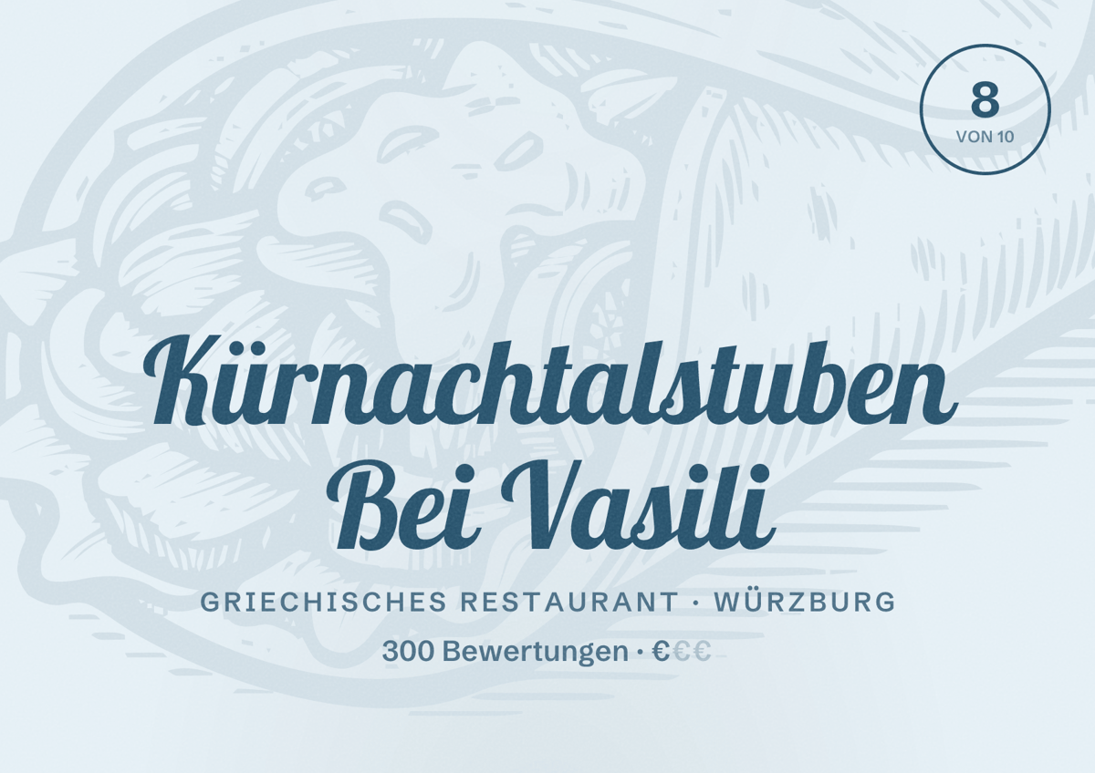 Illustriertes Poster von Kürnachtalstuben Bei Vasili, Griechisches Restaurant in Würzburg: Bewertung 8 von 10 aus 300 Bewertungen, Preisniveau €