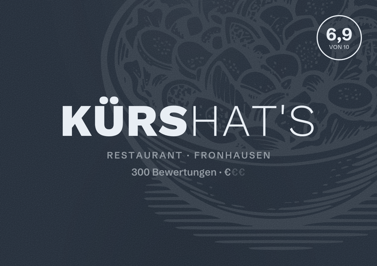 Illustriertes Poster von Kürshat's, Restaurant in Fronhausen: Bewertung 6,9 von 10 aus 300 Bewertungen, Preisniveau €