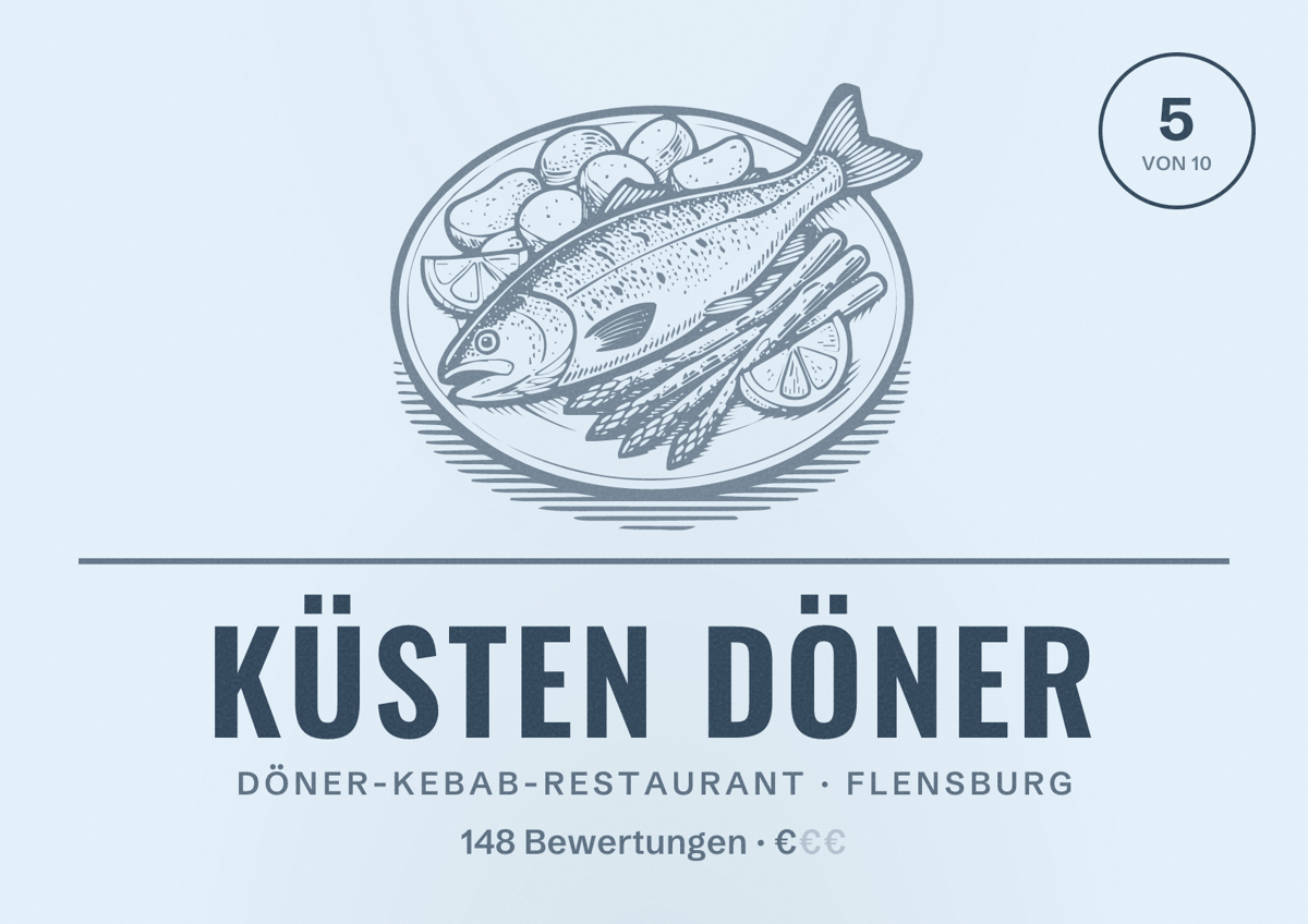 Illustriertes Poster von Küsten Döner, Döner-Kebab-Restaurant in Flensburg: Bewertung 5 von 10 aus 148 Bewertungen, Preisniveau €