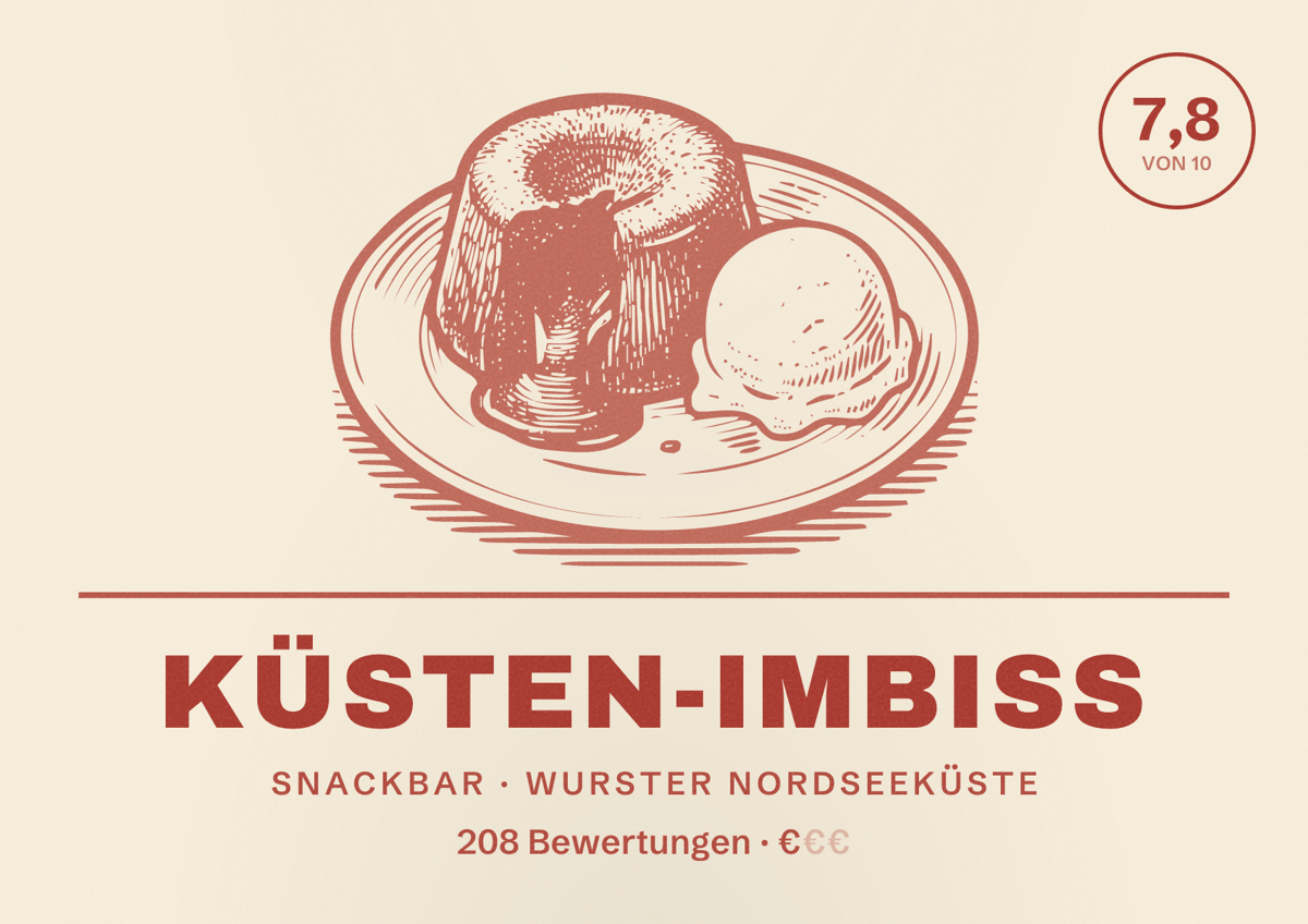 Illustriertes Poster von Küsten-Imbiss, Snackbar in Wurster Nordseeküste: Bewertung 7,8 von 10 aus 208 Bewertungen, Preisniveau €