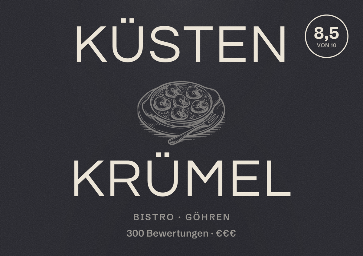 Illustriertes Poster von Küsten Krümel, Bistro in Göhren: Bewertung 8,5 von 10 aus 300 Bewertungen, Preisniveau €€€