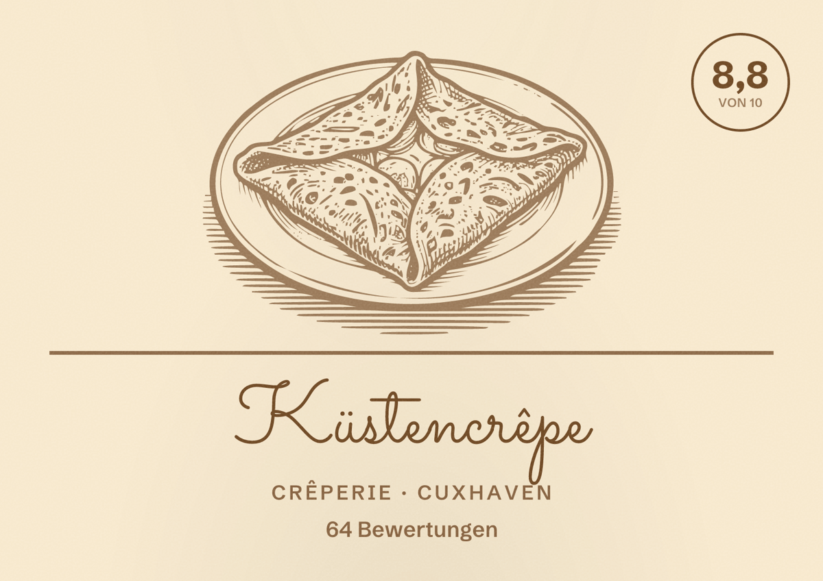 Illustriertes Poster von Küstencrêpe, Crêperie in Cuxhaven: Bewertung 8,8 von 10 aus 64 Bewertungen
