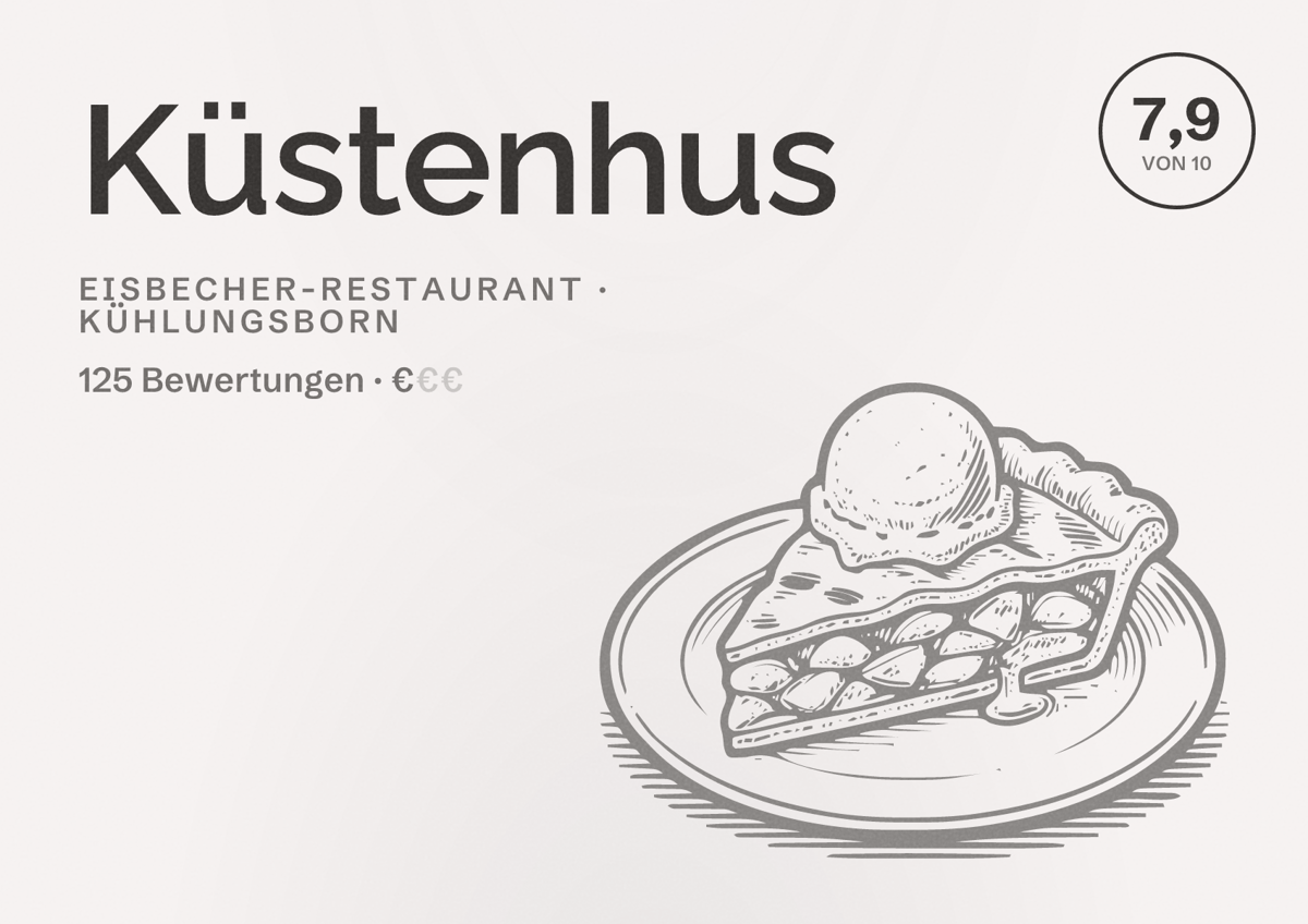 Illustriertes Poster von Küstenhus, Eisbecher-Restaurant in Kühlungsborn: Bewertung 7,9 von 10 aus 125 Bewertungen, Preisniveau €