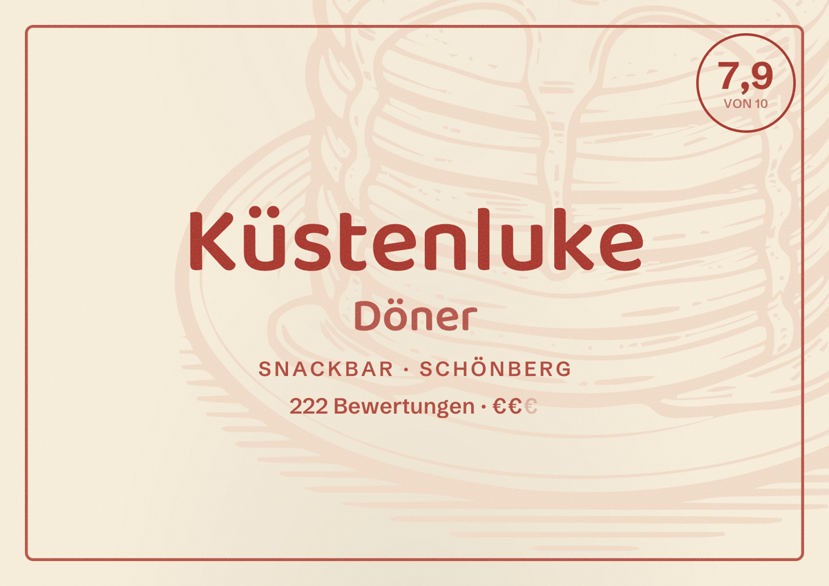 Illustriertes Poster von Küstenluke Döner, Snackbar in Schönberg: Bewertung 7,9 von 10 aus 222 Bewertungen, Preisniveau €€
