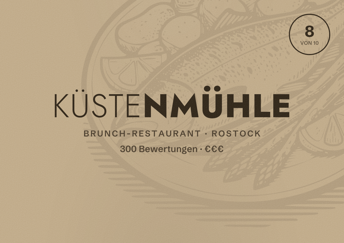 Illustriertes Poster von Küstenmühle, Brunch-Restaurant in Rostock: Bewertung 8 von 10 aus 300 Bewertungen, Preisniveau €€€