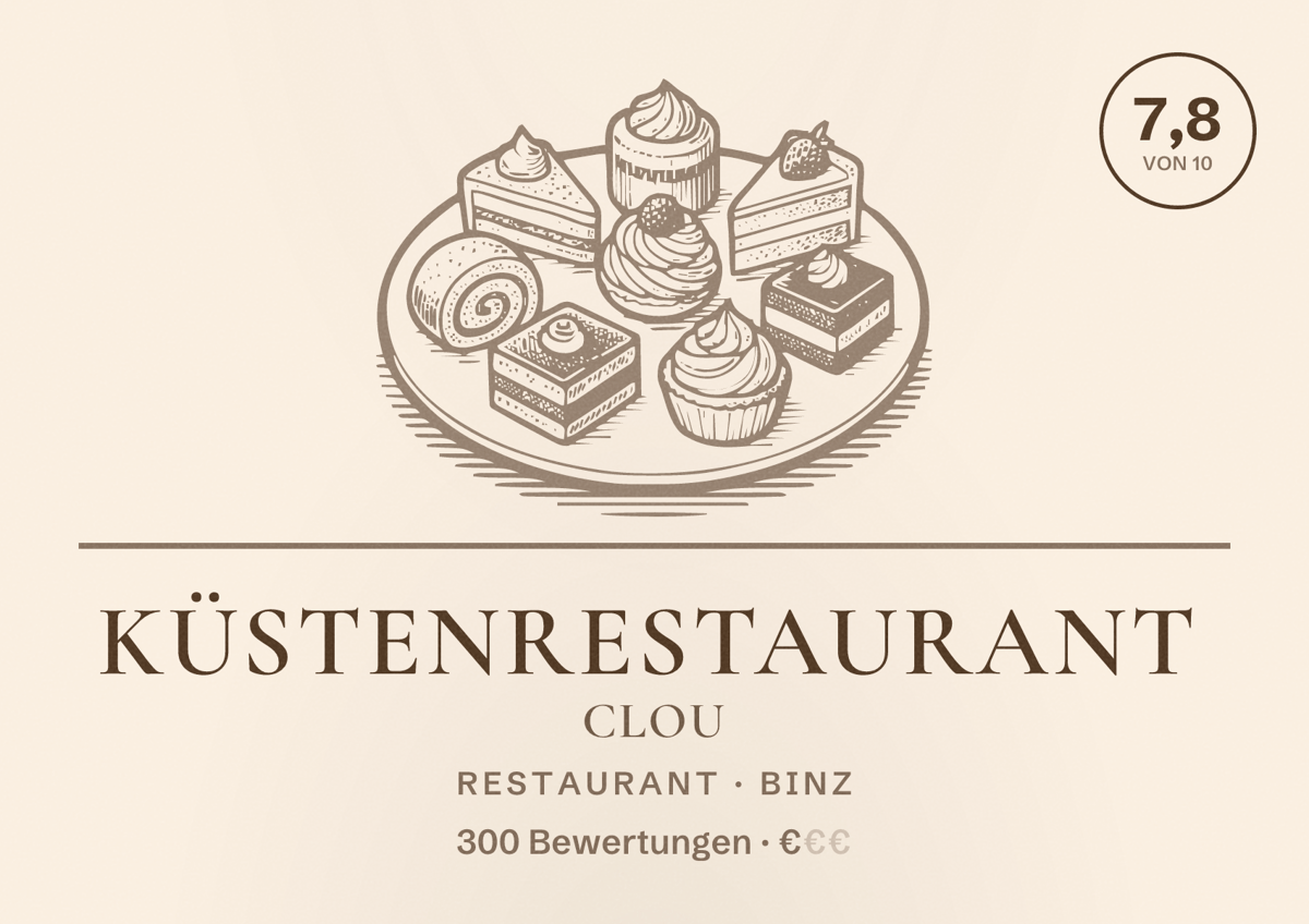 Illustriertes Poster von Küstenrestaurant Clou, Restaurant in Binz: Bewertung 7,8 von 10 aus 300 Bewertungen, Preisniveau €