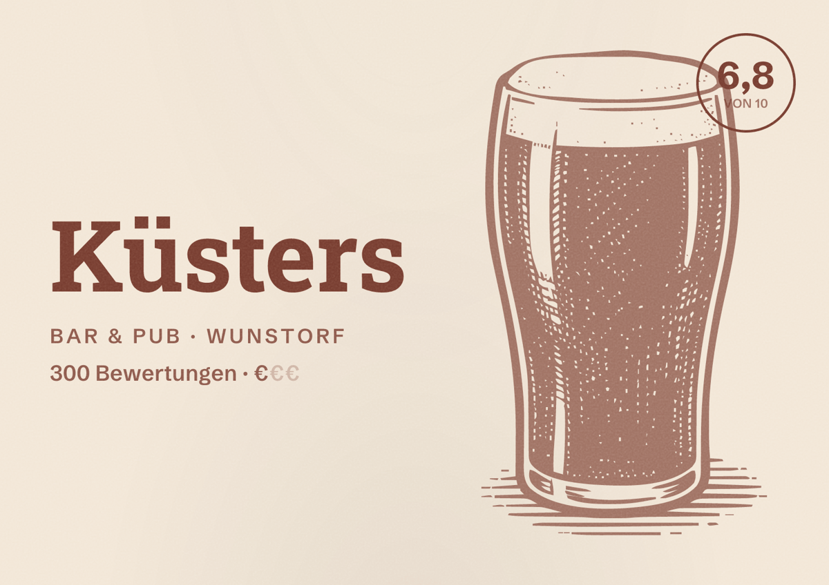 Illustriertes Poster von Küsters, Bar & Pub in Wunstorf: Bewertung 6,8 von 10 aus 300 Bewertungen, Preisniveau €