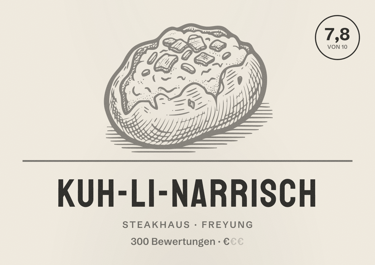 Illustriertes Poster von KUH-li-NARRISCH, Steakhaus in Freyung: Bewertung 7,8 von 10 aus 300 Bewertungen, Preisniveau €