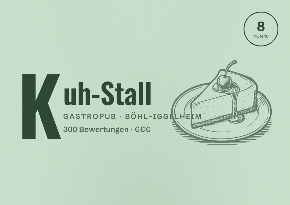 Illustriertes Poster von Kuh-Stall, Gastropub in Böhl-Iggelheim: Bewertung 8 von 10 aus 300 Bewertungen, Preisniveau €€€