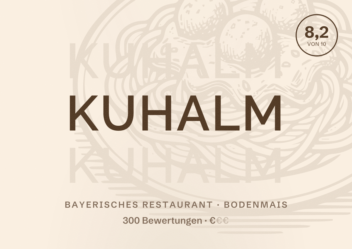 Illustriertes Poster von Kuhalm, Bayerisches Restaurant in Bodenmais: Bewertung 8,2 von 10 aus 300 Bewertungen, Preisniveau €