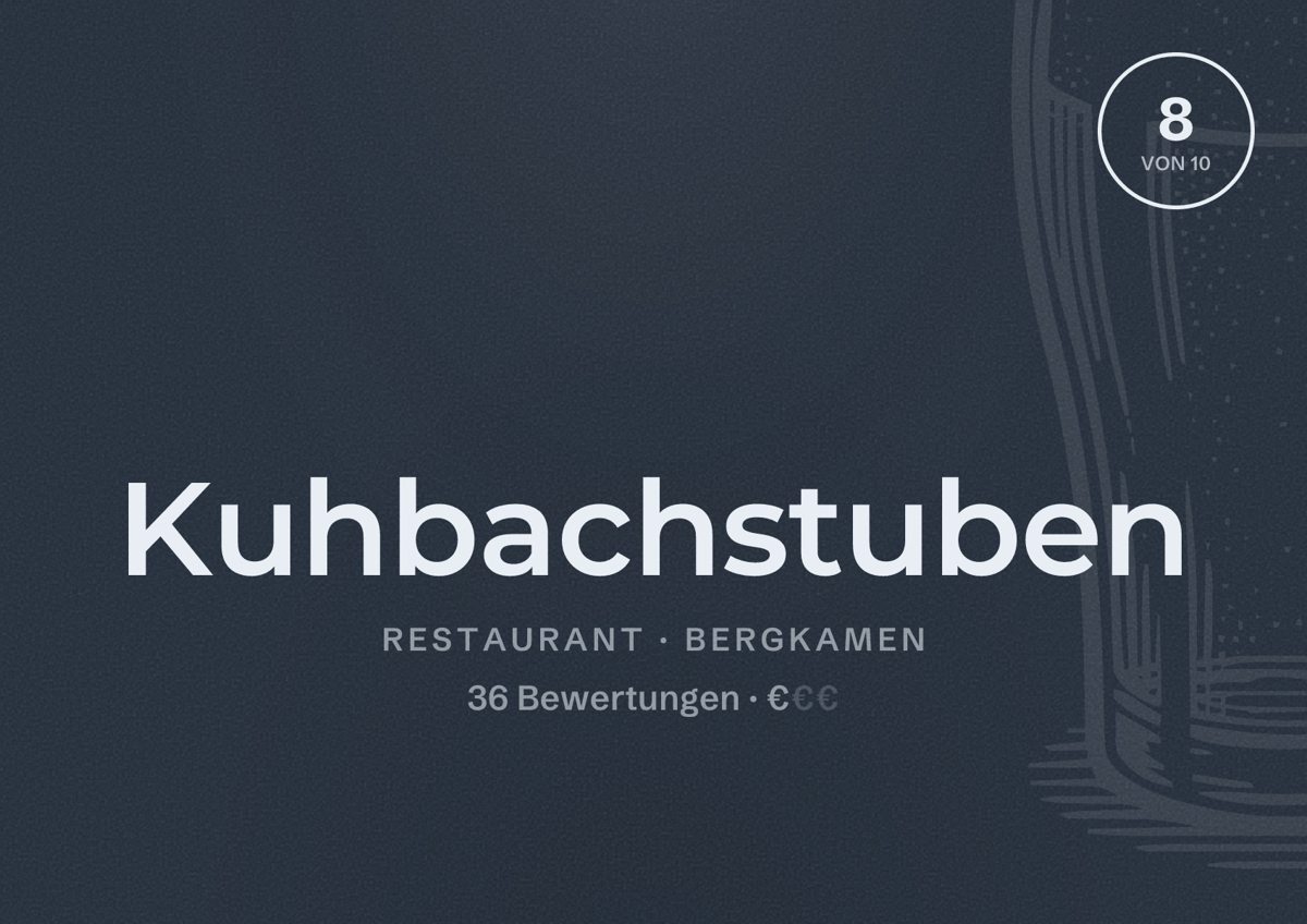 Illustriertes Poster von Kuhbachstuben, Restaurant in Bergkamen: Bewertung 8 von 10 aus 36 Bewertungen, Preisniveau €