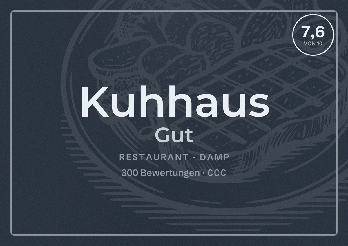 Illustriertes Poster von Kuhhaus Gut, Restaurant in Damp: Bewertung 7,6 von 10 aus 300 Bewertungen, Preisniveau €€€