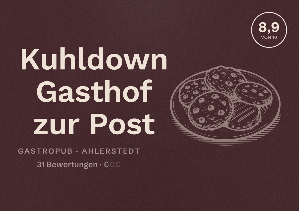 Illustriertes Poster von Kuhldown Gasthof zur Post, Gastropub in Ahlerstedt: Bewertung 8,9 von 10 aus 31 Bewertungen, Preisniveau €