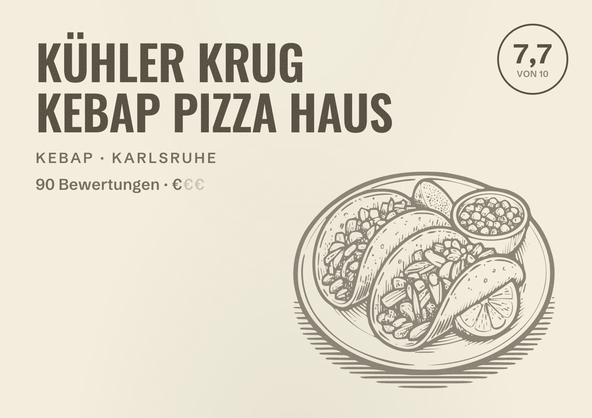 Illustriertes Poster von KÜHLER KRUG KEBAP PIZZA HAUS, Kebap in Karlsruhe: Bewertung 7,7 von 10 aus 90 Bewertungen, Preisniveau €