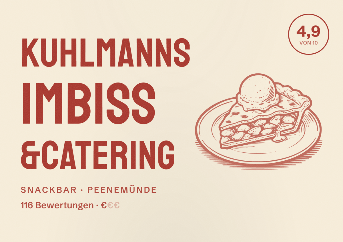 Illustriertes Poster von Kuhlmanns Imbiss &Catering, Snackbar in Peenemünde: Bewertung 4,9 von 10 aus 116 Bewertungen, Preisniveau €