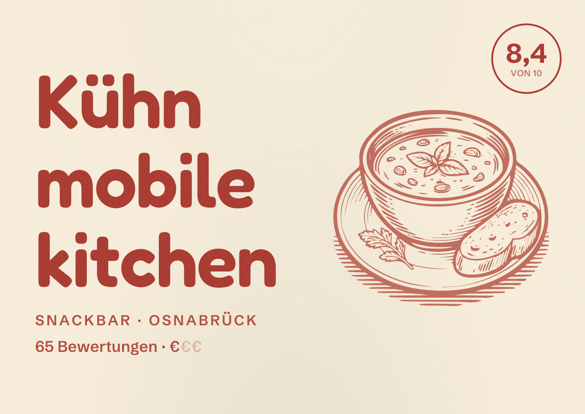 Illustriertes Poster von Kühn mobile kitchen, Snackbar in Osnabrück: Bewertung 8,4 von 10 aus 65 Bewertungen, Preisniveau €
