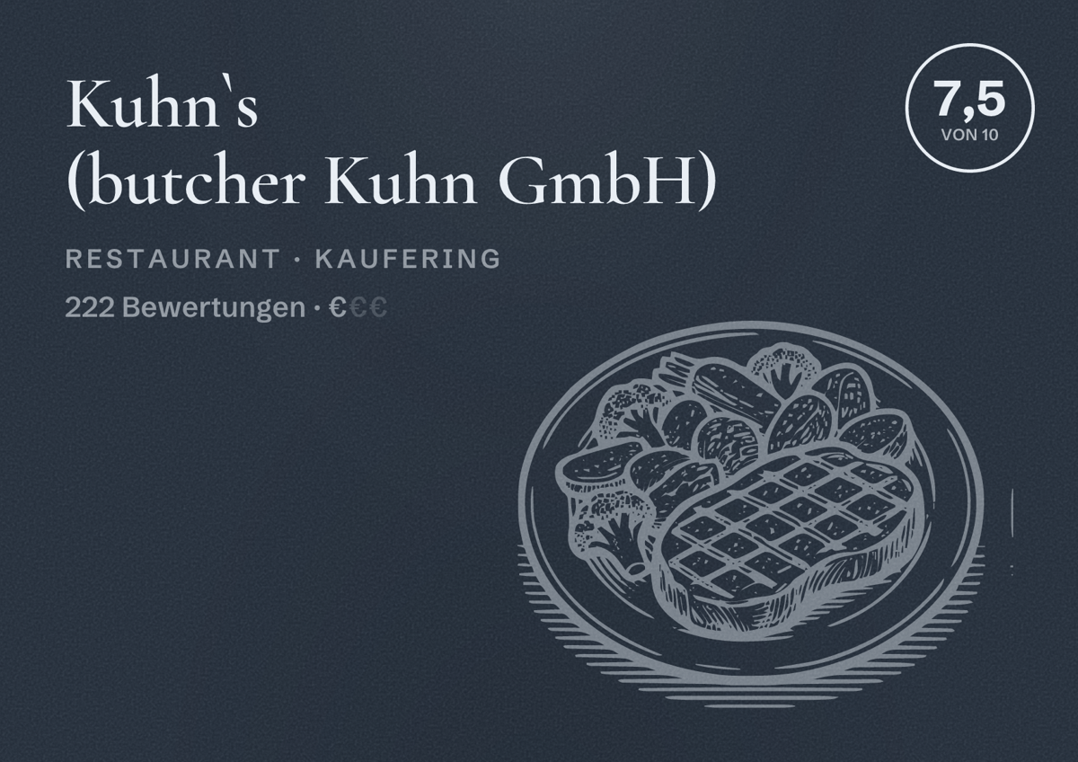 Illustriertes Poster von Kuhn`s (butcher Kuhn GmbH), Restaurant in Kaufering: Bewertung 7,5 von 10 aus 222 Bewertungen, Preisniveau €
