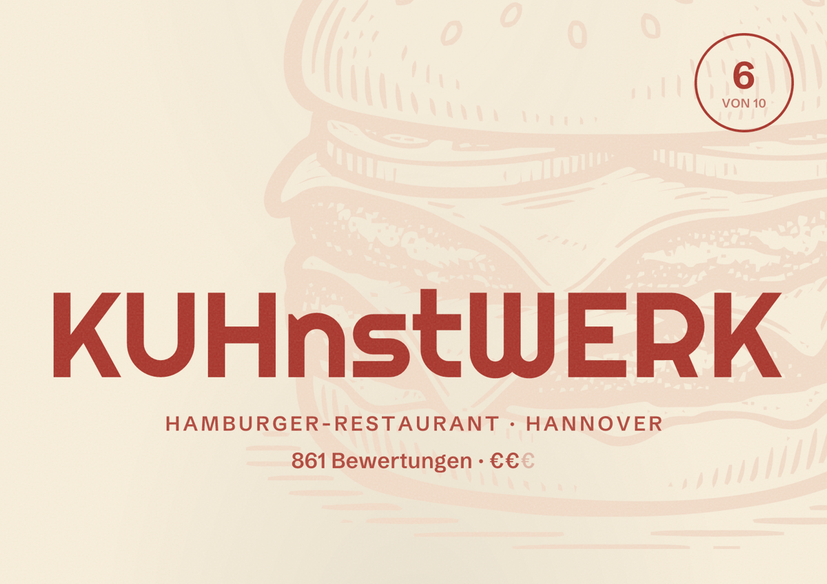 Illustriertes Poster von KUHnstWERK, Hamburger-Restaurant in Hannover: Bewertung 6,0 von 10 aus 861 Bewertungen, Preisniveau €€
