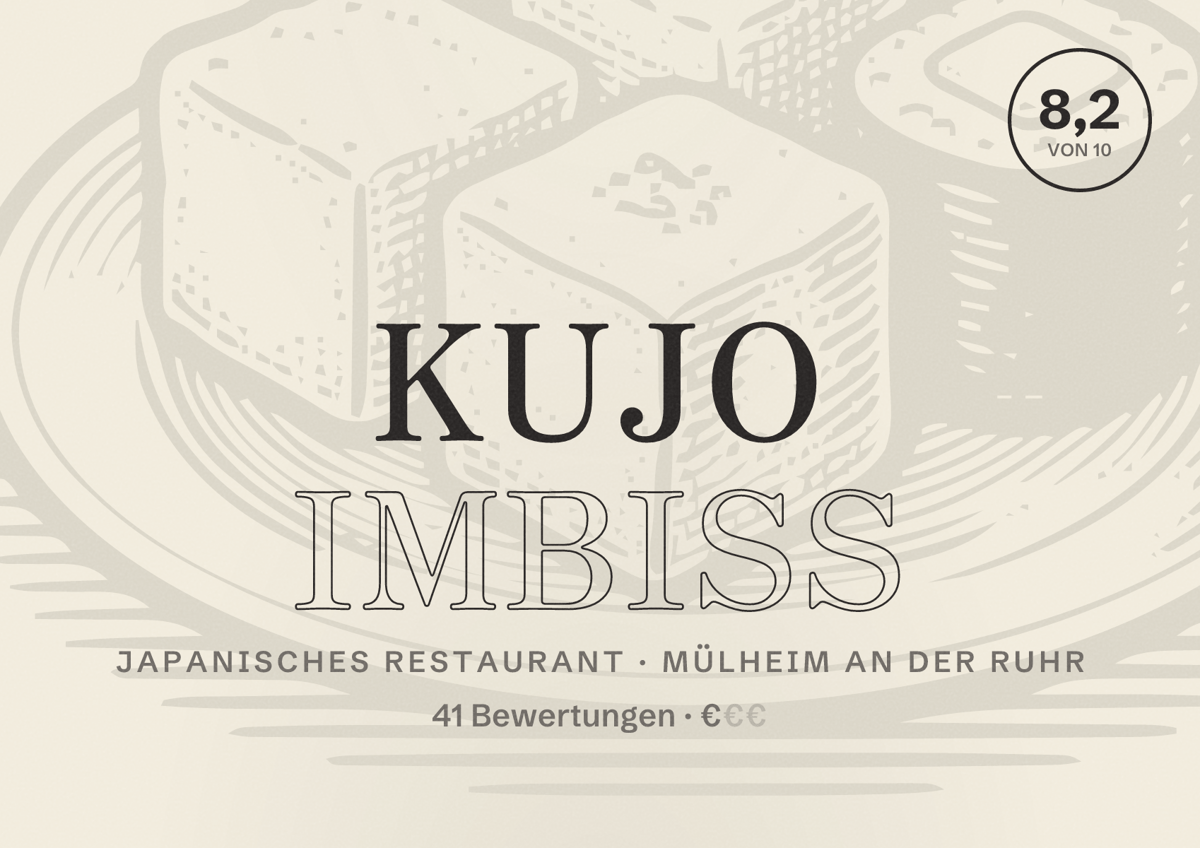 Illustriertes Poster von Kujo Imbiss, Japanisches Restaurant in Mülheim an der Ruhr: Bewertung 8,2 von 10 aus 41 Bewertungen, Preisniveau €
