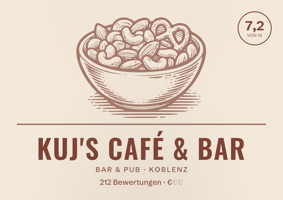 Illustriertes Poster von Kuj's Café & Bar, Bar & Pub in Koblenz: Bewertung 7,2 von 10 aus 212 Bewertungen, Preisniveau €
