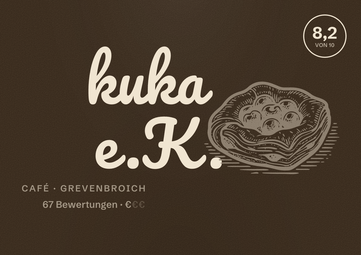 Illustriertes Poster von kuka e.K., Café in Grevenbroich: Bewertung 8,2 von 10 aus 67 Bewertungen, Preisniveau €