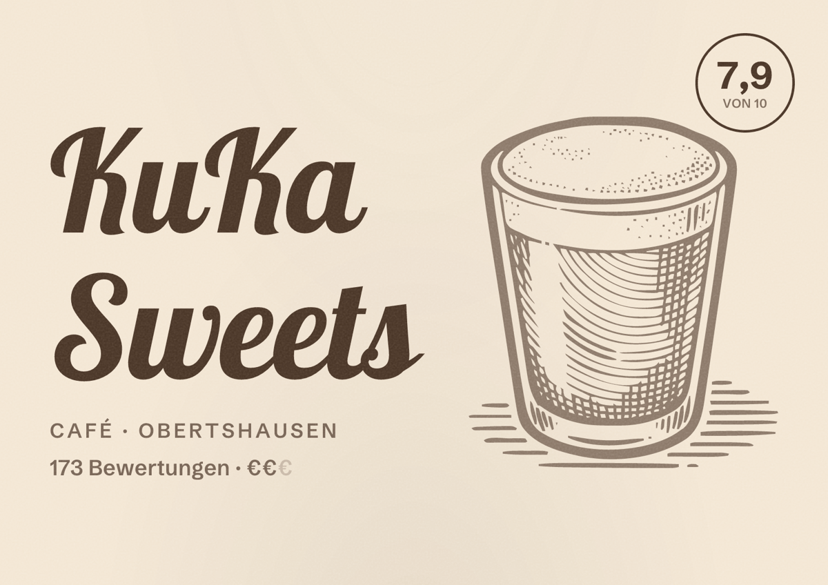 Illustriertes Poster von KuKa Sweets, Café in Obertshausen: Bewertung 7,9 von 10 aus 173 Bewertungen, Preisniveau €€
