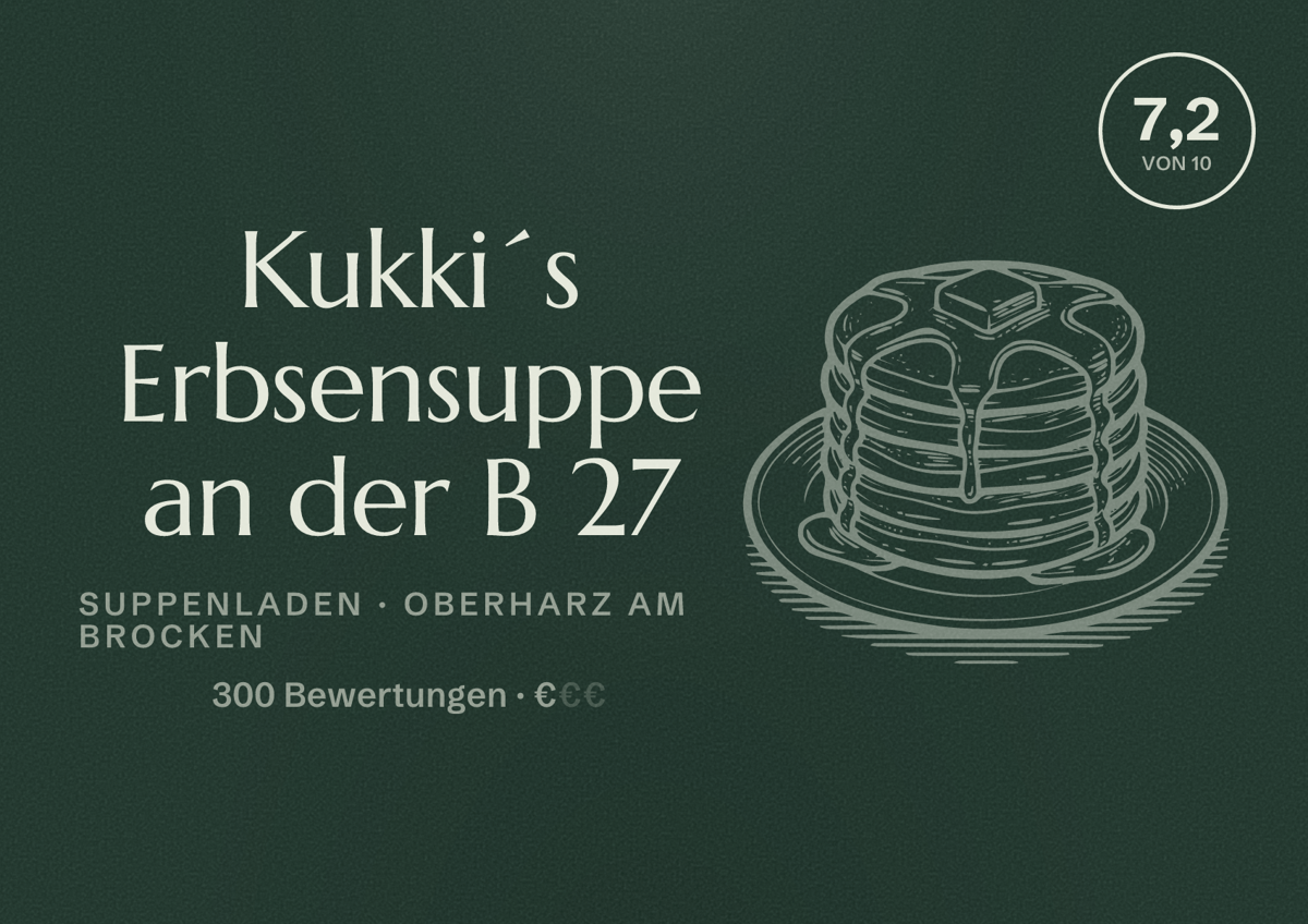 Illustriertes Poster von Kukki´s Erbsensuppe an der B 27, Suppenladen in Oberharz am Brocken: Bewertung 7,2 von 10 aus 300 Bewertungen, Preisniveau €
