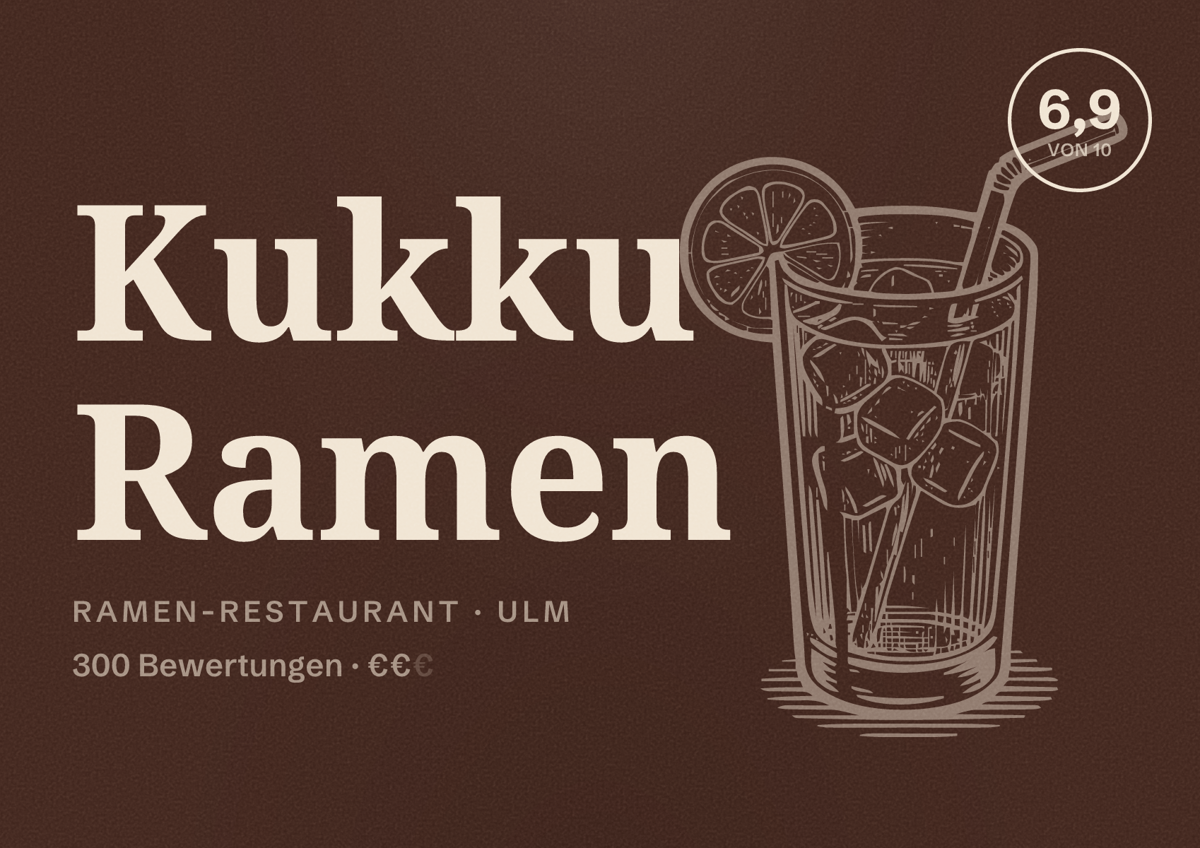 Illustriertes Poster von Kukku Ramen, Ramen-Restaurant in Ulm: Bewertung 6,9 von 10 aus 300 Bewertungen, Preisniveau €€