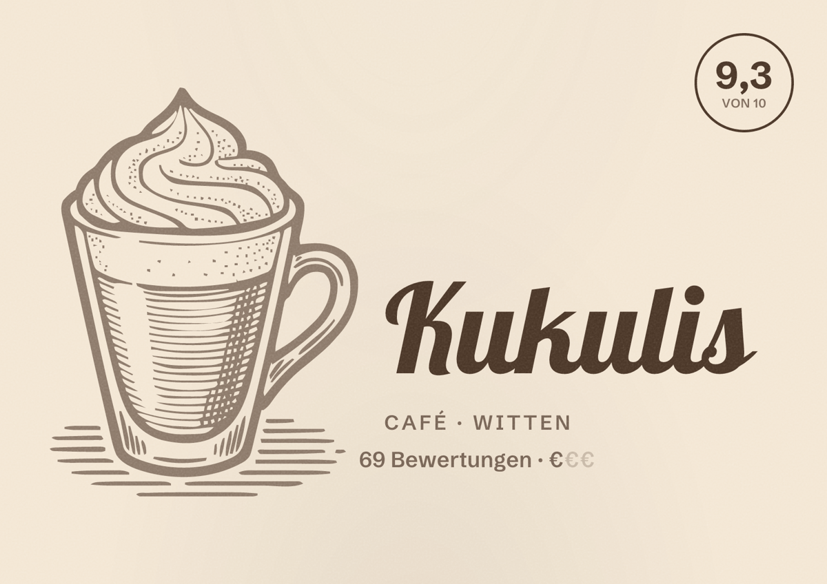 Illustriertes Poster von Kukulis, Café in Witten: Bewertung 9,3 von 10 aus 69 Bewertungen, Preisniveau €