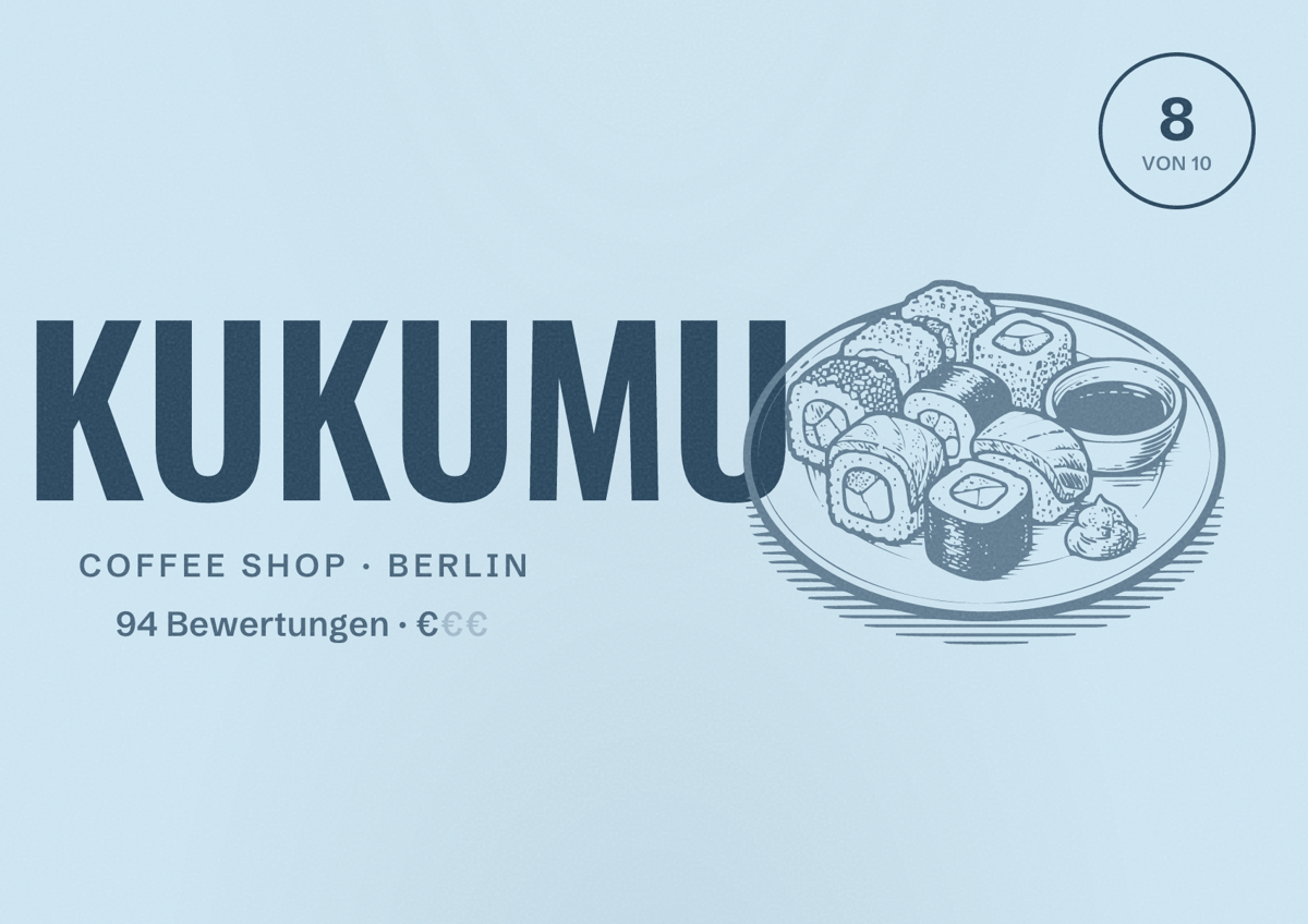 Illustriertes Poster von KUKUMU, Coffee Shop in Berlin: Bewertung 8,0 von 10 aus 94 Bewertungen, Preisniveau €