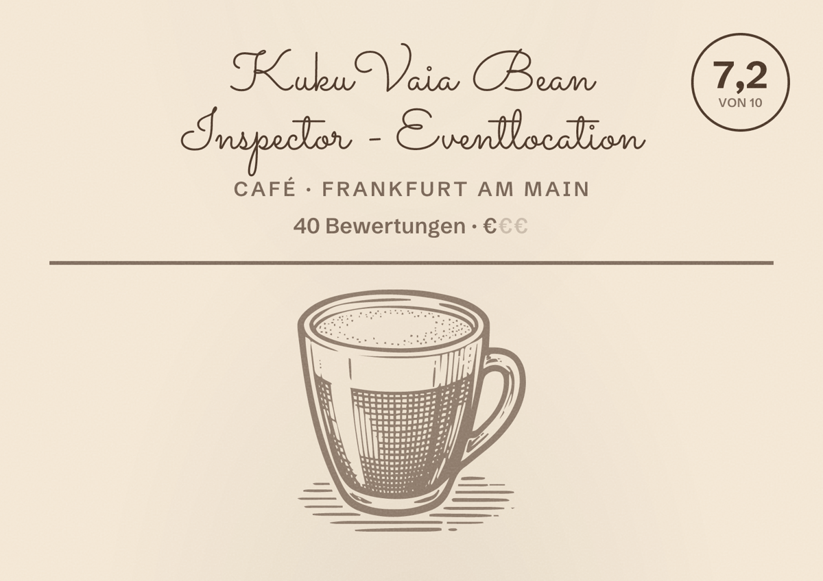 Illustriertes Poster von KukuVaia Bean Inspector - Eventlocation, Café in Frankfurt am Main: Bewertung 7,2 von 10 aus 40 Bewertungen, Preisniveau €
