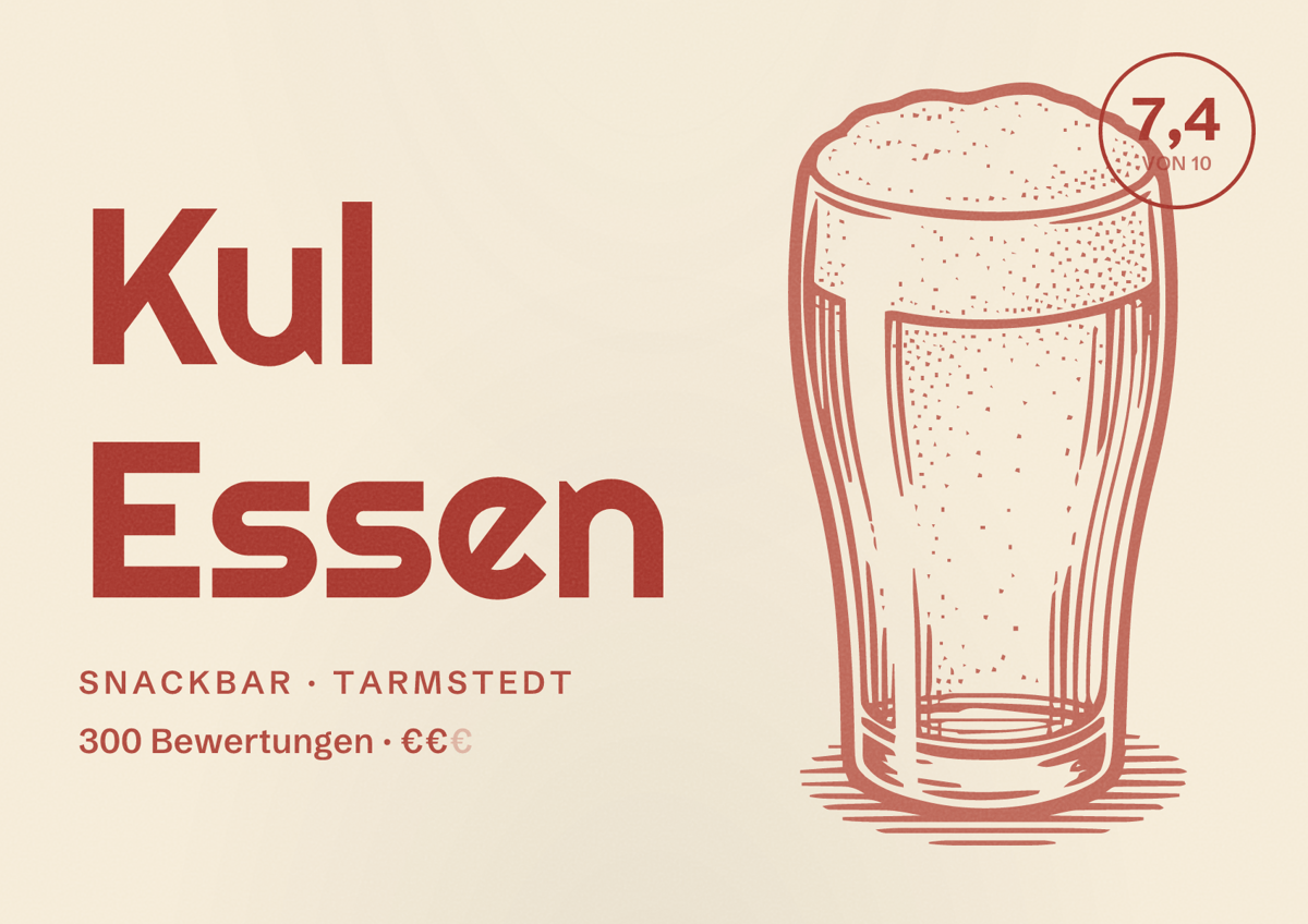 Illustriertes Poster von Kul Essen, Snackbar in Tarmstedt: Bewertung 7,4 von 10 aus 300 Bewertungen, Preisniveau €€