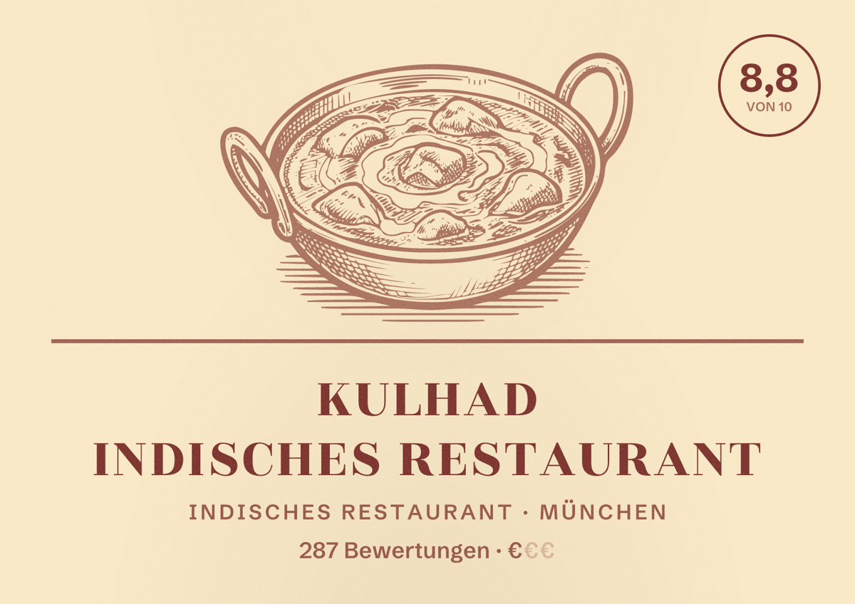 Illustriertes Poster von Kulhad Indisches Restaurant, Indisches Restaurant in München: Bewertung 8,8 von 10 aus 287 Bewertungen, Preisniveau €