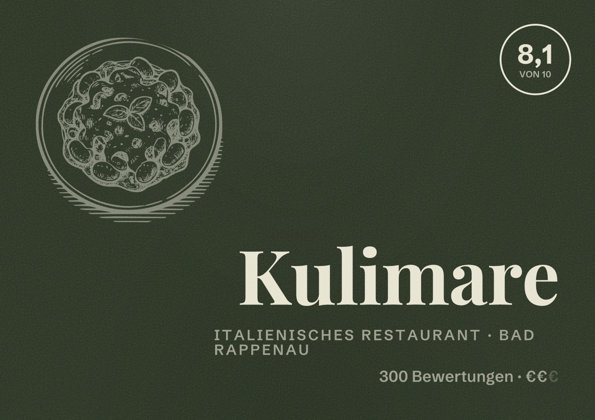Illustriertes Poster von Kulimare, Italienisches Restaurant in Bad Rappenau: Bewertung 8,1 von 10 aus 300 Bewertungen, Preisniveau €€