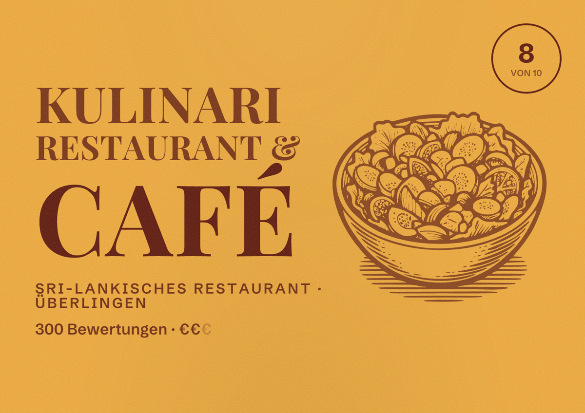 Illustriertes Poster von KULINARI Restaurant & Café, Sri-Lankisches Restaurant in Überlingen: Bewertung 8 von 10 aus 300 Bewertungen, Preisniveau €€