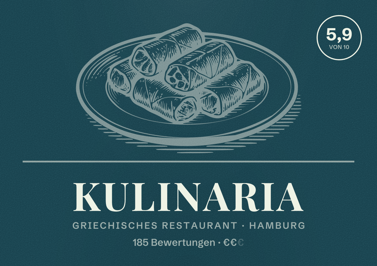 Illustriertes Poster von Kulinaria, Griechisches Restaurant in Hamburg: Bewertung 5,9 von 10 aus 185 Bewertungen, Preisniveau €€
