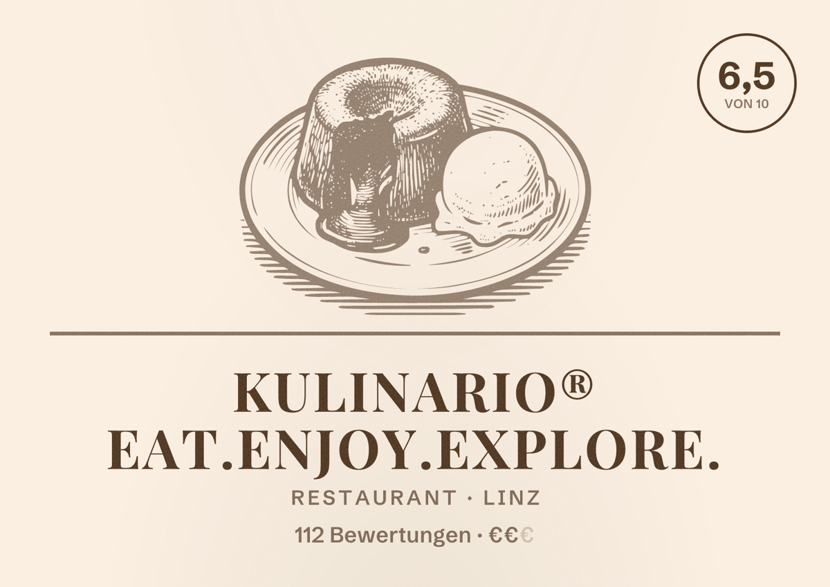 Illustriertes Poster von kulinario® eat.enjoy.explore., Restaurant in Linz: Bewertung 6,5 von 10 aus 112 Bewertungen, Preisniveau €€