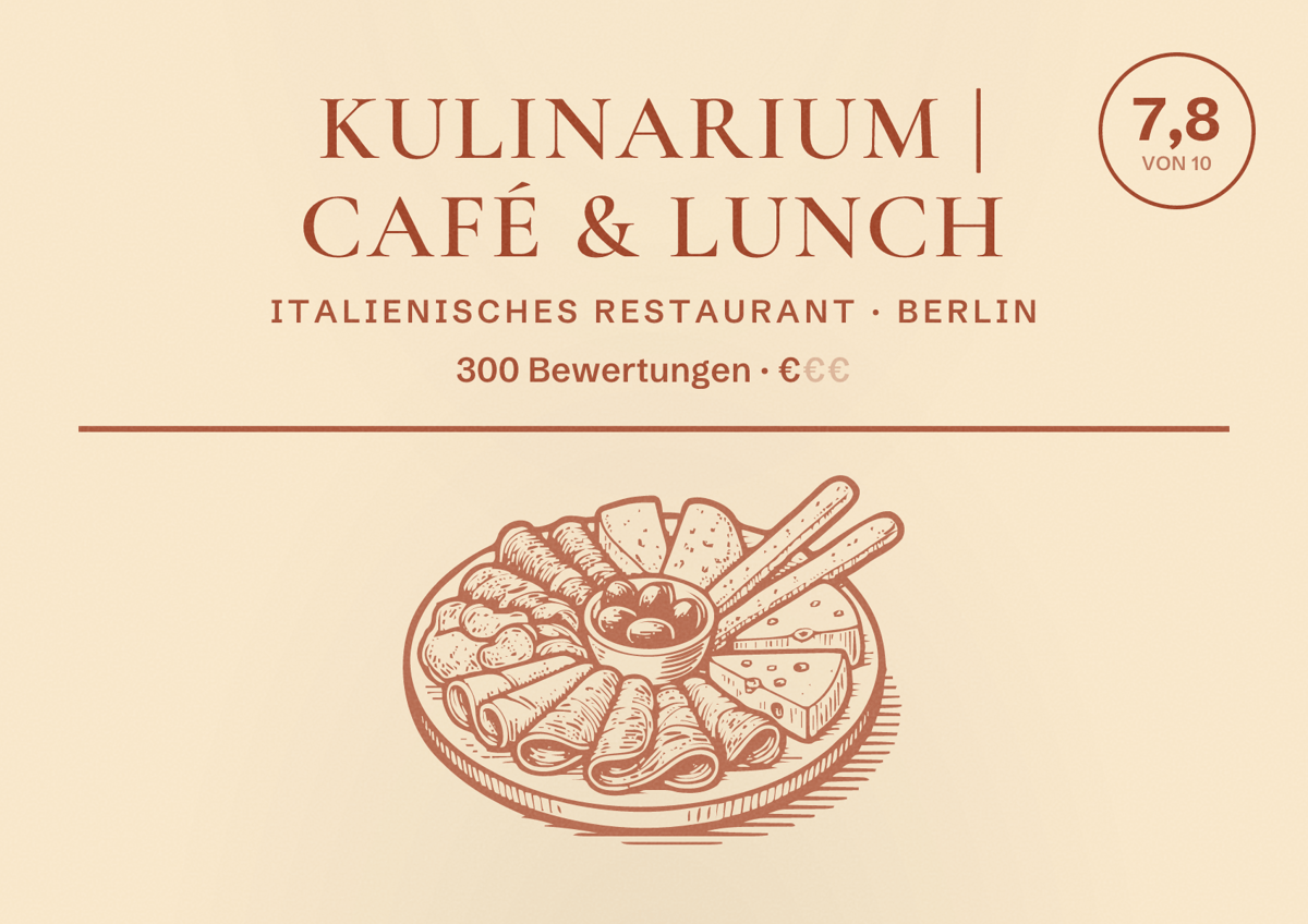 Illustriertes Poster von KULINARIUM | Café & Lunch, Italienisches Restaurant in Berlin: Bewertung 7,8 von 10 aus 300 Bewertungen, Preisniveau €