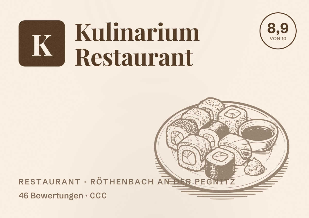 Illustriertes Poster von Kulinarium Restaurant, Restaurant in Röthenbach an der Pegnitz: Bewertung 8,9 von 10 aus 46 Bewertungen, Preisniveau €€€