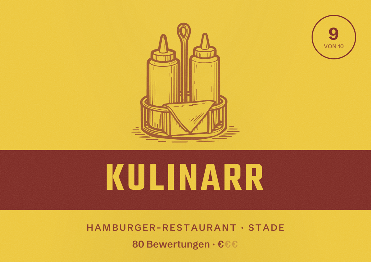Illustriertes Poster von Kulinarr, Hamburger-Restaurant in Stade: Bewertung 9 von 10 aus 80 Bewertungen, Preisniveau €